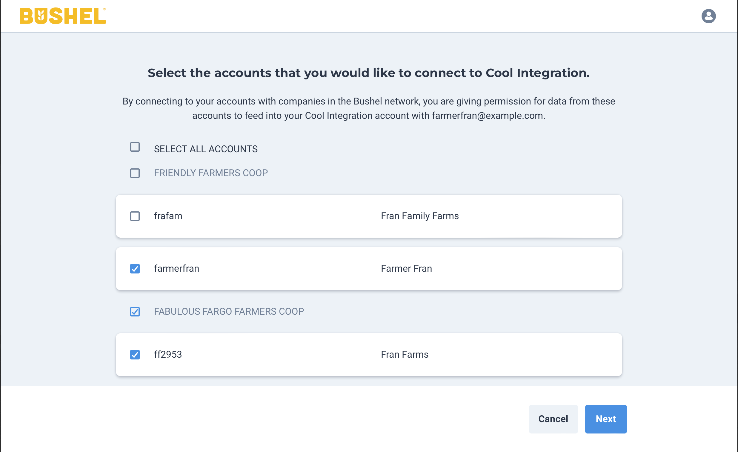 Account selection screen